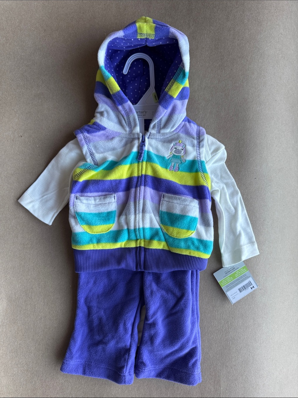 3pcs NWT 3 months Carter's Purple, White, Teal & Yellow Striped Hoodie Set